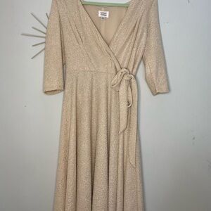 Unique Vintage Cream & Silver Metallic A-Line Wrap Dress with Tie Front